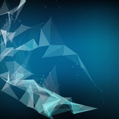 Abstract vector mesh background. Chaotically connected points and polygons flying in space. Flying debris. Futuristic technology style card. Lines, points, circles and planes. Futuristic design.