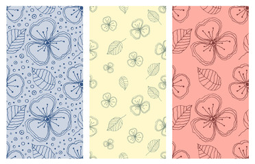 Set of seamless vector floral patterns. Colorful hand drawn background with flowers, leaves, decorative elements. Graphic illustration. Series of Hand Drawn Seamless vector Patterns.