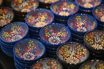 Colorful turkish ceramic bowls with ornaments