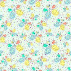 Vector seamless pattern with insect Hand drawn outline decorative endless background with cute drawn butterfly Graphic illustration. Line drawing. Print for wrapping, background, decor