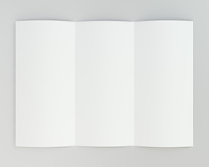 Empty folded leaflet white paper. 3d rendering. Gray background.