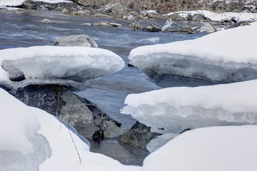 River with frozen ice blocks and snow on its banks