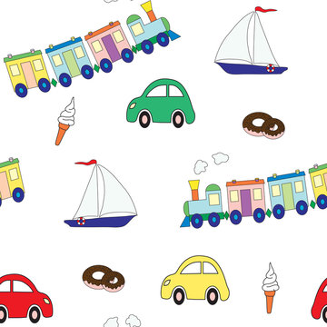 Seamless pattern with a set of toys for the boy and sweet. A vector picture. Design elements for a children's print.