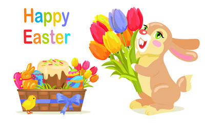 Happy Easter Postcard Design in Flat Style Vector