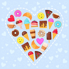 Vector illustration of sweet heart with ice cream, donut, wafers, cake, croissant, coffee cup and yellow smiling face on blue background
