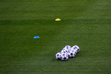 Soccer balls in green grass field