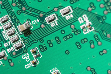 Electronic components on the printed circuit board.