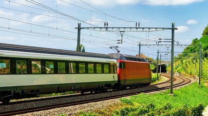 Fototapeta na wymiar Train on railroad at Lavaux Vineyard Terrace