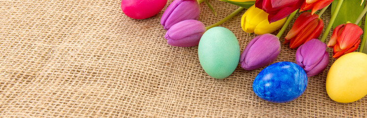 Spring tulips with colorful easter eggs.