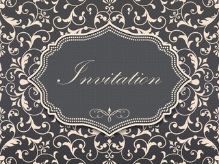 Wedding invitation and announcement card with vintage background artwork. Elegant ornate damask background. Elegant floral abstract ornament. Design template.