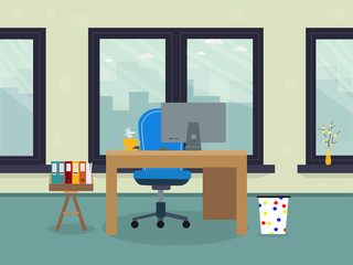 Workplace with computer, lamp, books, coffee, big window. illustration flat