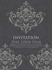 Wedding invitation and announcement card with vintage background artwork. Elegant ornate damask background. Elegant floral abstract ornament. Design template.