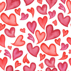 Fototapeta na wymiar Red watercolor painted hearts seamless pattern