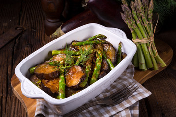Baked eggplant with green asparagus