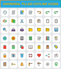 Universal filled outline icons set, vector symbol collection, linear style pictogram pack. Signs, logo illustration. Set includes icons as history, search, save, cut, form, book, lock, map, heart, key