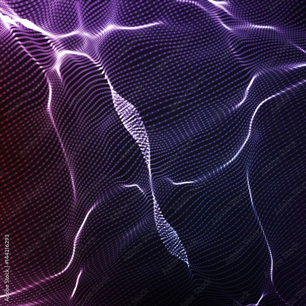 Poster abstract vector violet wave mesh background. point cloud array. chaotic light waves. technological c
