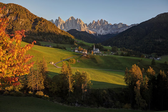 Sunset at Santa Maddalena, val di Funes, Province of Bolzano, Trentino Alto Adige, Italy