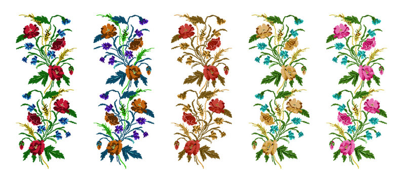 Set. Color  bouquet of flowers (poppies,ears of wheat and cornflowers) using traditional Ukrainian embroidery elements. Border pattern. Can be used as pixel-art.