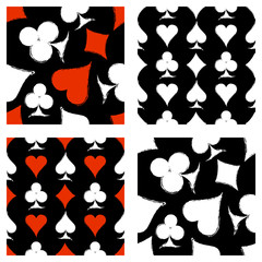 Vector set of seamless grunge patterns. Grungy graphic illustration of sign of playing card with ink blot, brush strokes. Endless background. Series of gaming and gambling seamless vector patterns.