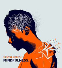 A man with his head lowered shattering showing mental health issues. Anxiety, depression and mindfulness awareness concept.
