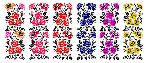 Set. Bouquet of flowers (roses, cloves and sunflowers) using traditional Ukrainian embroidery elements.  Border pattern. Can be used as pixel-art.