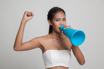 Beautiful young Asian woman announce with megaphone.