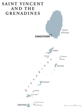 Saint Vincent and the Grenadines political map with capital Kingstown. Caribbean islands country, part of Lesser Antilles and Windward Islands. Gray illustration over white. English labeling. Vector.