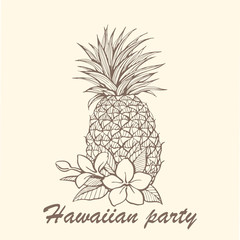 Hand-drawn pineapple illustration with tropical flowers
