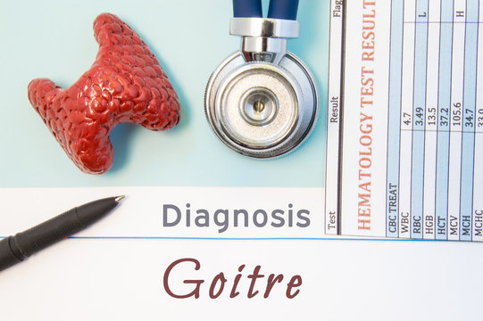 Endocrinology diagnosis Goitre. Figure of thyroid gland, result of laboratory analysis of blood, medical stethoscope and black pen lying near text inscriptions Goitre doctor workplace