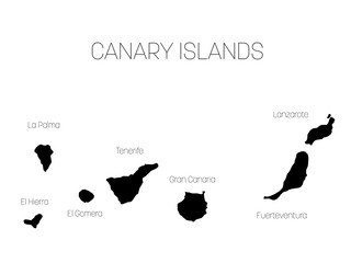Map of Canary Islands, Spain, with labels of each island - El Hierro, La Palma, La Gomera, Tenerife, Gran Canaria, Fuerteventura and Lanzarote. Black vector silhouette on white background. © pyty