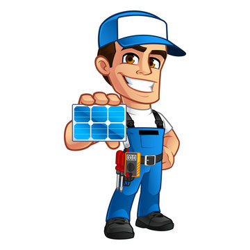 Friendly technician installer of solar panels, he wears a belt with tools
