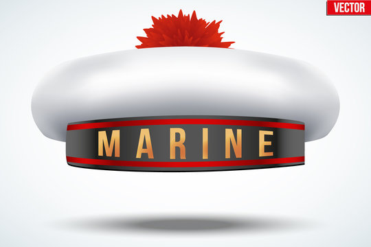 Sailor beret with pom-pom. Nautical cap and marines hat. Vector Illustration isolated on background.