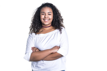 Beautiful young african woman posing isolated over white