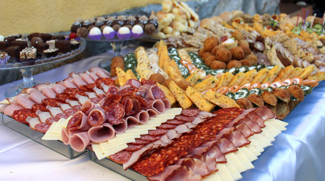 catering banquet table, Buffet with snacks at the outdoor event