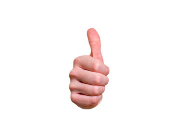 Closeup of male hand showing thumbs up sign against white background