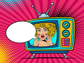 Retro tv set with sexy surprised blonde woman with wide open eyes and mouth and rising hands screaming. Vector background in comic retro pop art style. Party invitation.
