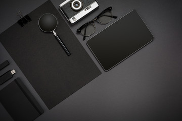 Still life, business, office supplies or education concept. Read