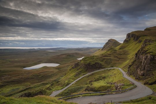 Quiraing, Skye, Scotland, during a cloudy day in summer