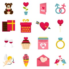 Saint Valentine icons set in flat style