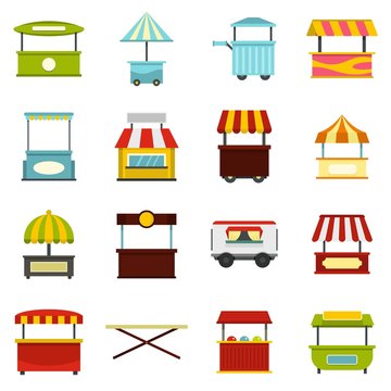 Street food truck icons set in flat style