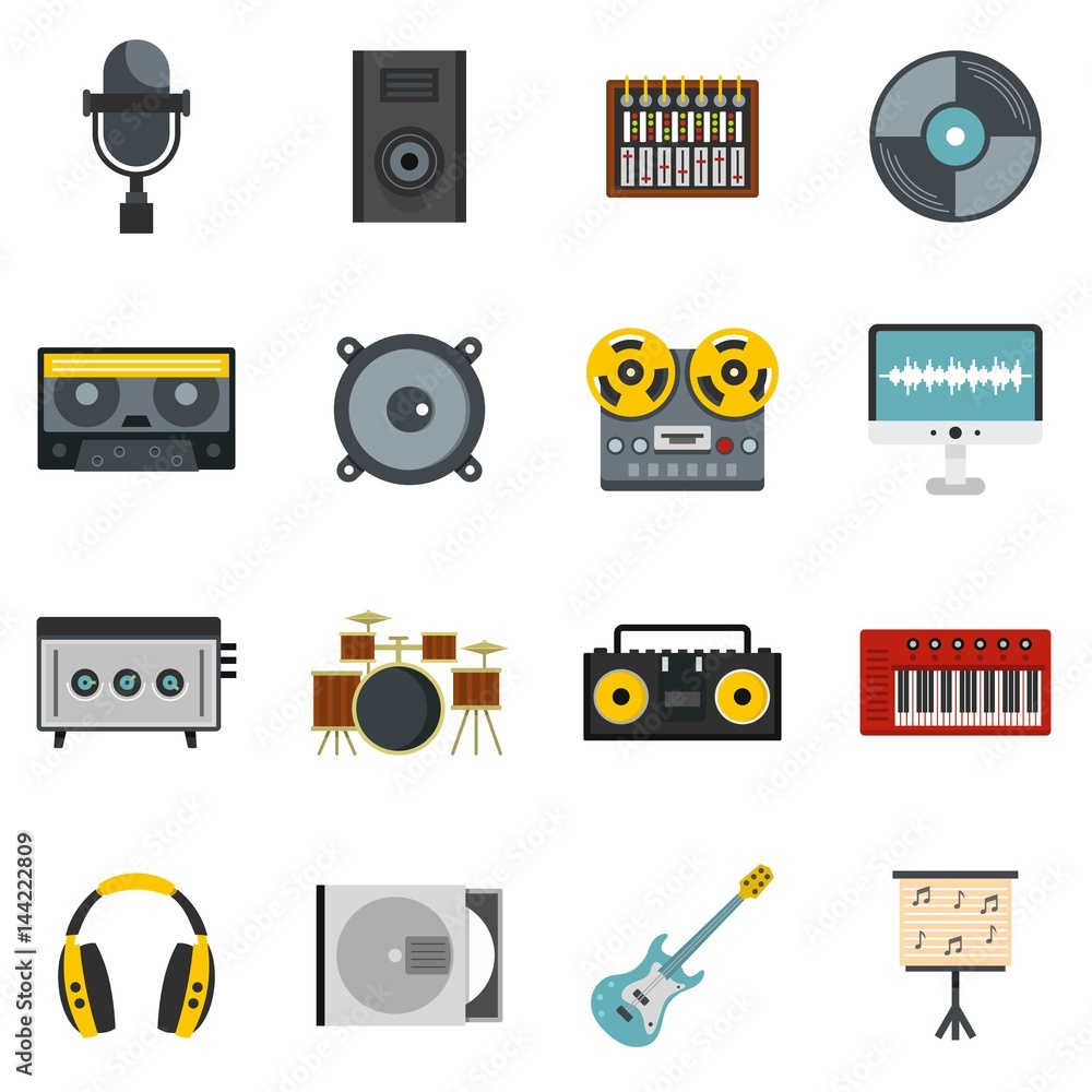 Poster recording studio items icons set in flat style