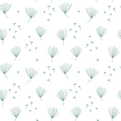 Vector floral seamless pattern with simple hand drawn stylized dandelion flowers and seeds.