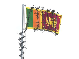 3D illustration of flag from Sri Lanka wrapped with a barbed wire