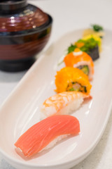 Japanese cuisine. sushi set served on white plate