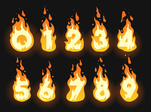 Set of burning fiery numbers for hot offers, discounts and global warming or summer themes