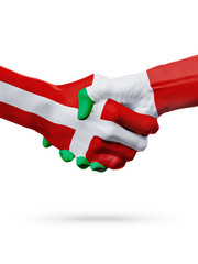 Flags Denmark, Italy countries, partnership friendship handshake concept.