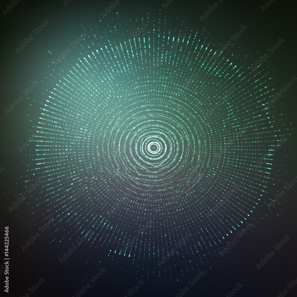 Poster Vector abstract sphere of particles, points array. Futuristic vector illustration. Technology digital splash or explosion of data points. Spherical waveform. Cyber UI or HUD element.