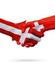 Flags Denmark, Switzerland countries, partnership friendship handshake concept.