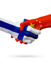 Flags Finland, China countries, partnership friendship handshake concept.