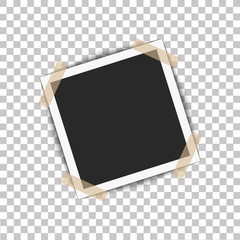 Fototapeta premium Realistic photo frame with shadow pin on sticky tape. Vector illustration on transparent background ready for your design